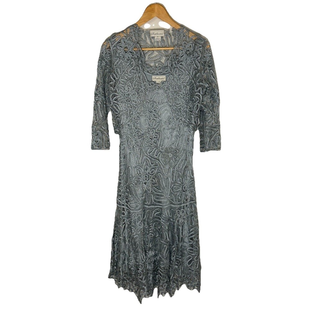 Soulmates Gray Blue Silk Dress & Jacket Set Women’s Size Small Formal Wedding